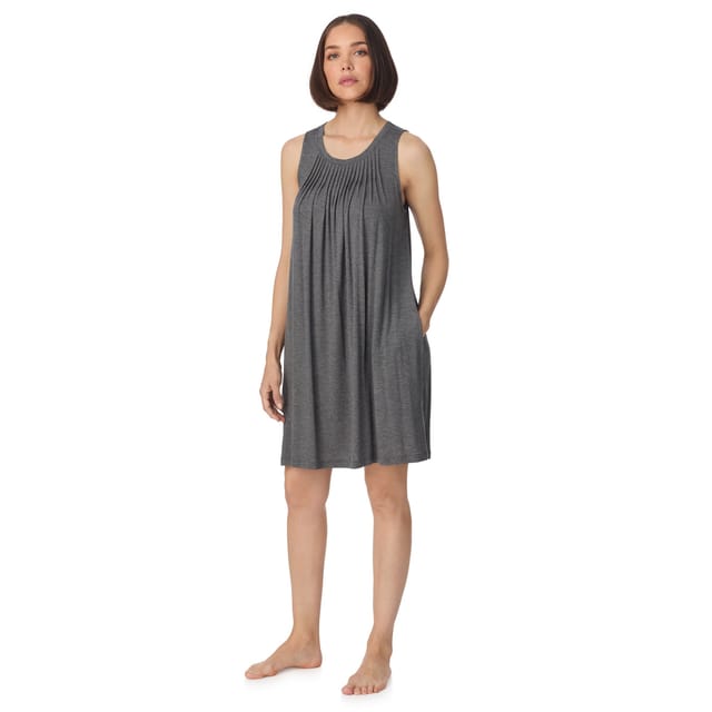 DKNY DKNY Women's Sleeveless crew neck midi sleep tank chemise with pleats in grey - 3