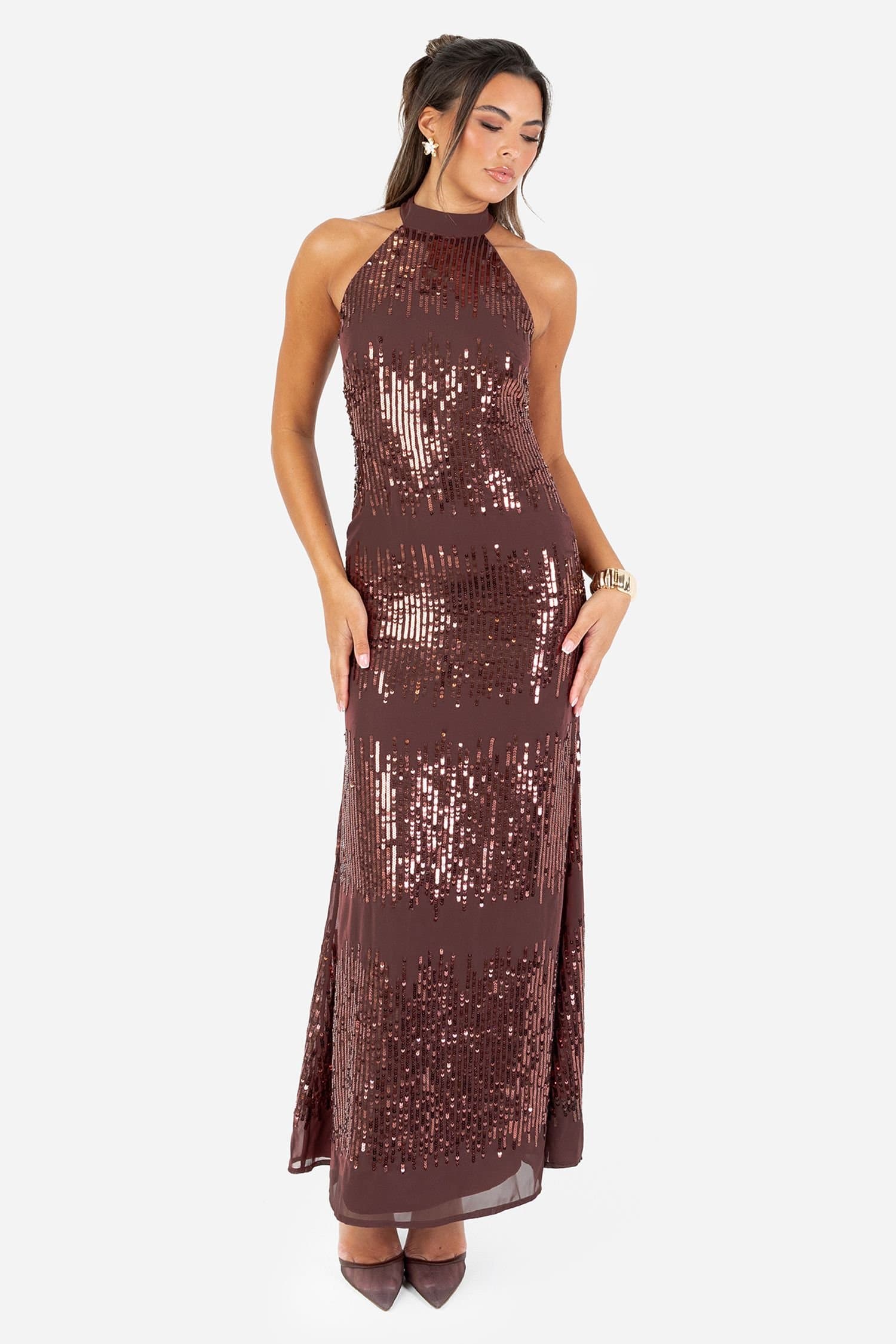 Maya Deluxe Maya Deluxe Women's Linear Embellishment Halter Neck Maxi Dress in Brown