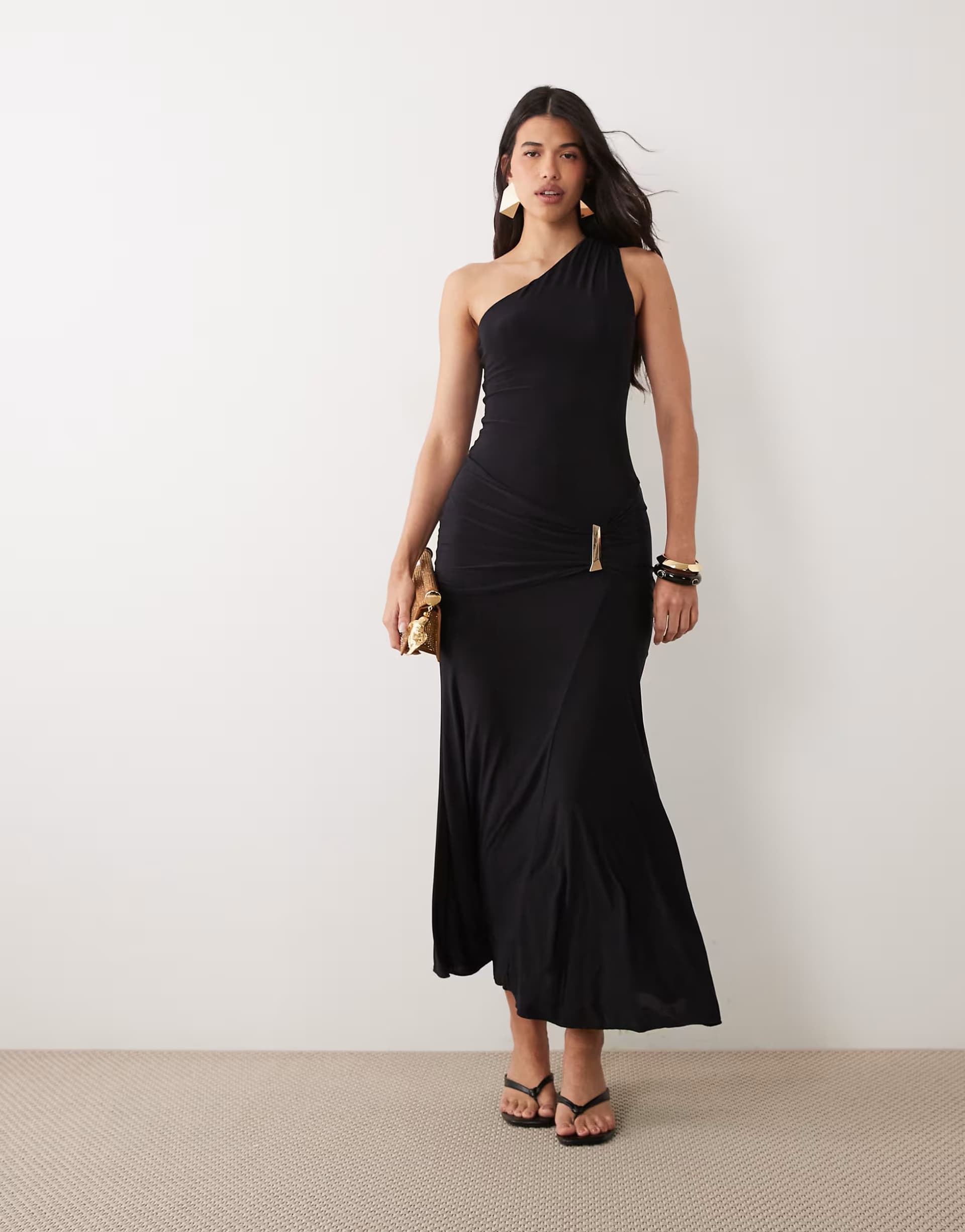 ASOS Fashionkilla exclusive double sculpted slinky one shoulder metal drape detail maxi dress in black