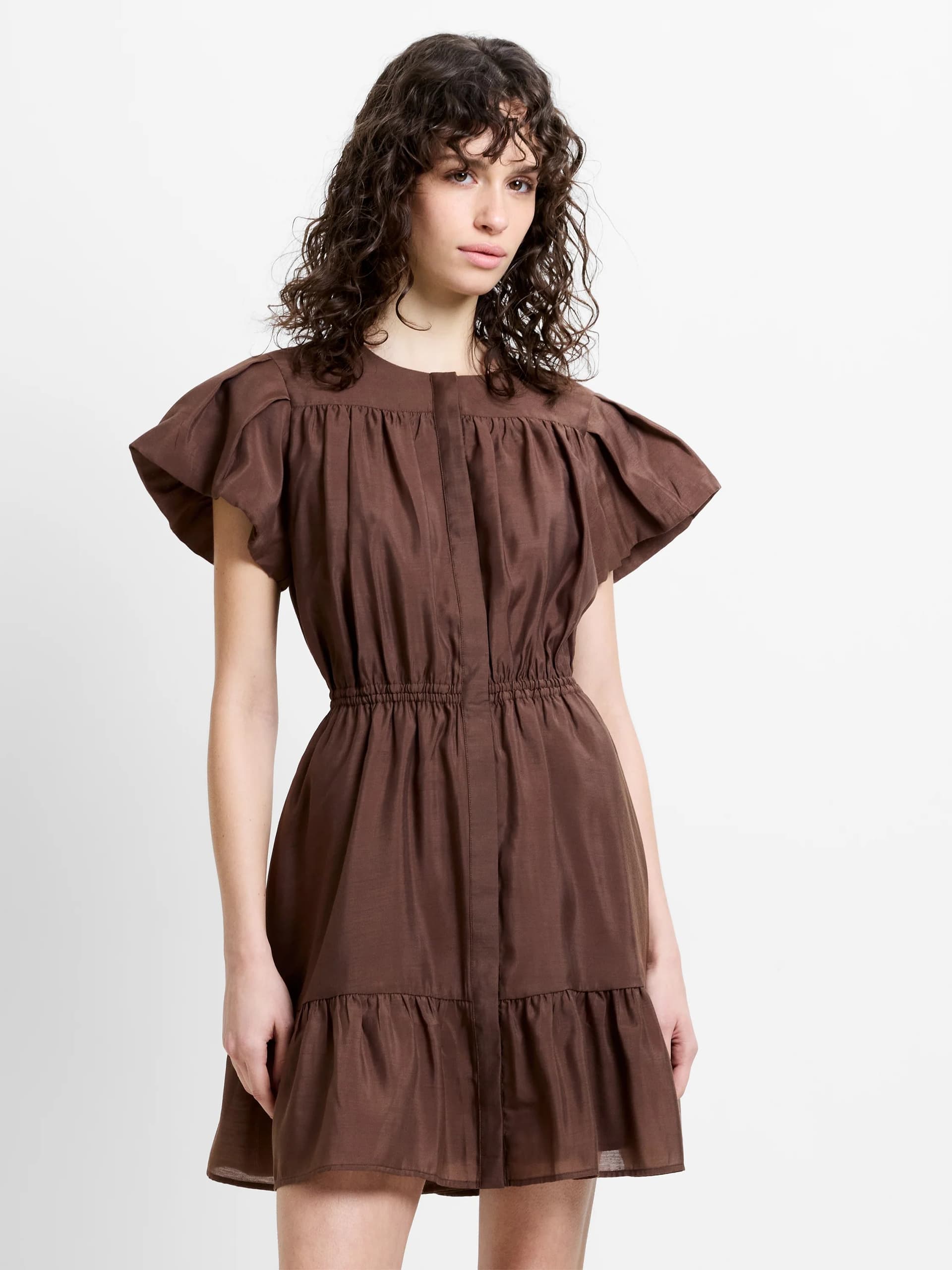 French Connection Holland Flutter Sleeve Mini Dress Espresso Brown