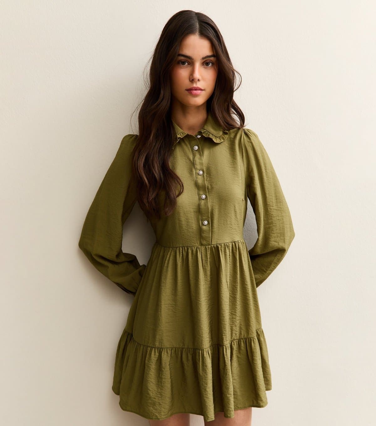 New Look Women's Light Khaki Tiered Mini Shirt Dress New Look