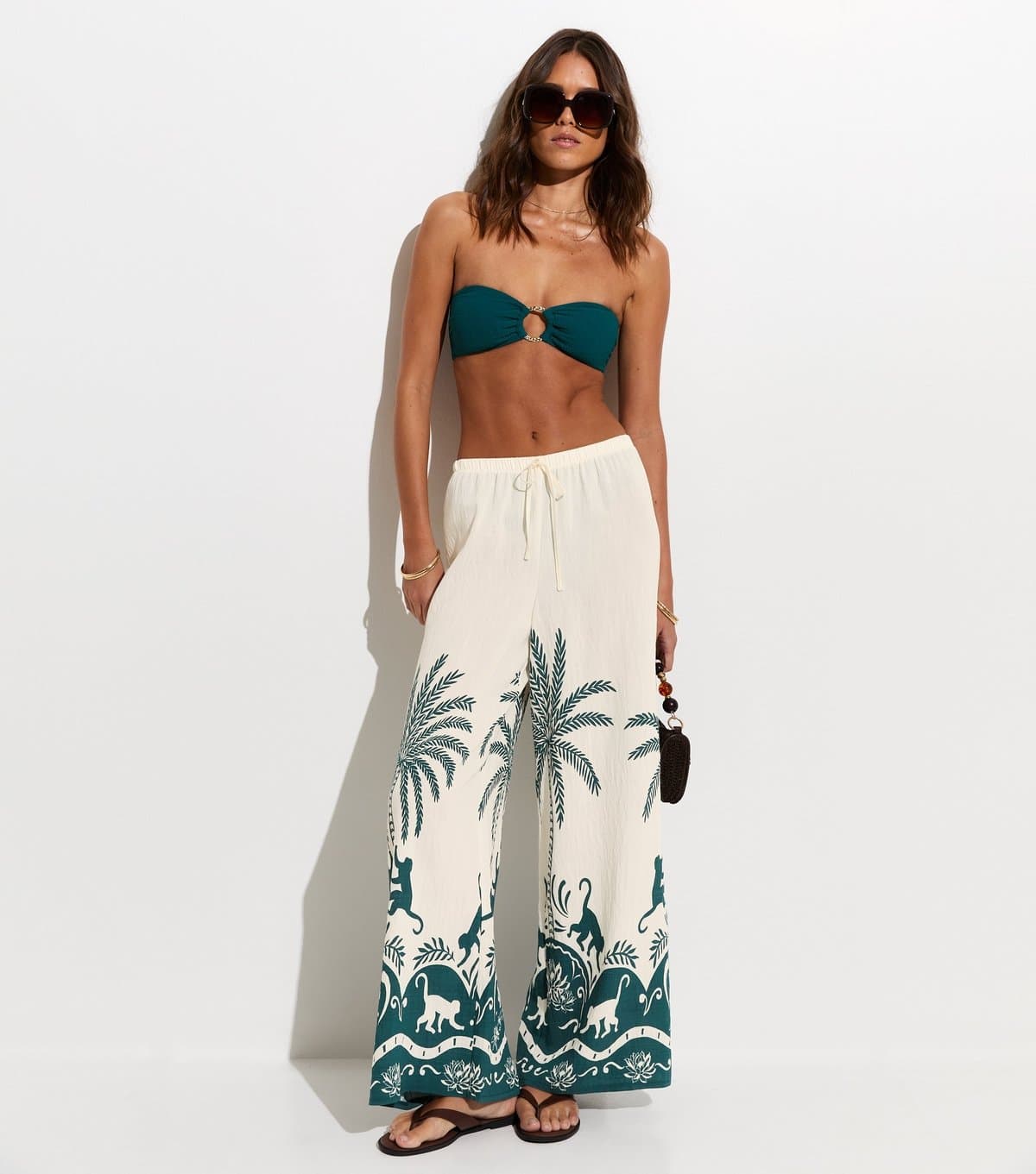 New Look Women's Teal Palm Pattern Beach Wide Leg Trouser New Look