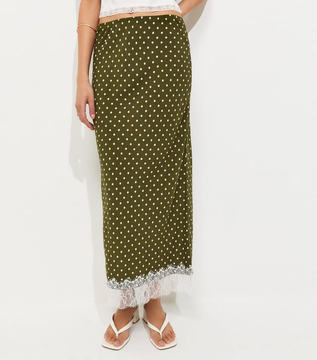 New Look Women's Green Polka Dot Lace Hem Midi Skirt New Look - 2