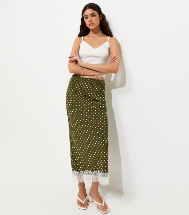 New Look Women's Green Polka Dot Lace Hem Midi Skirt New Look - 3
