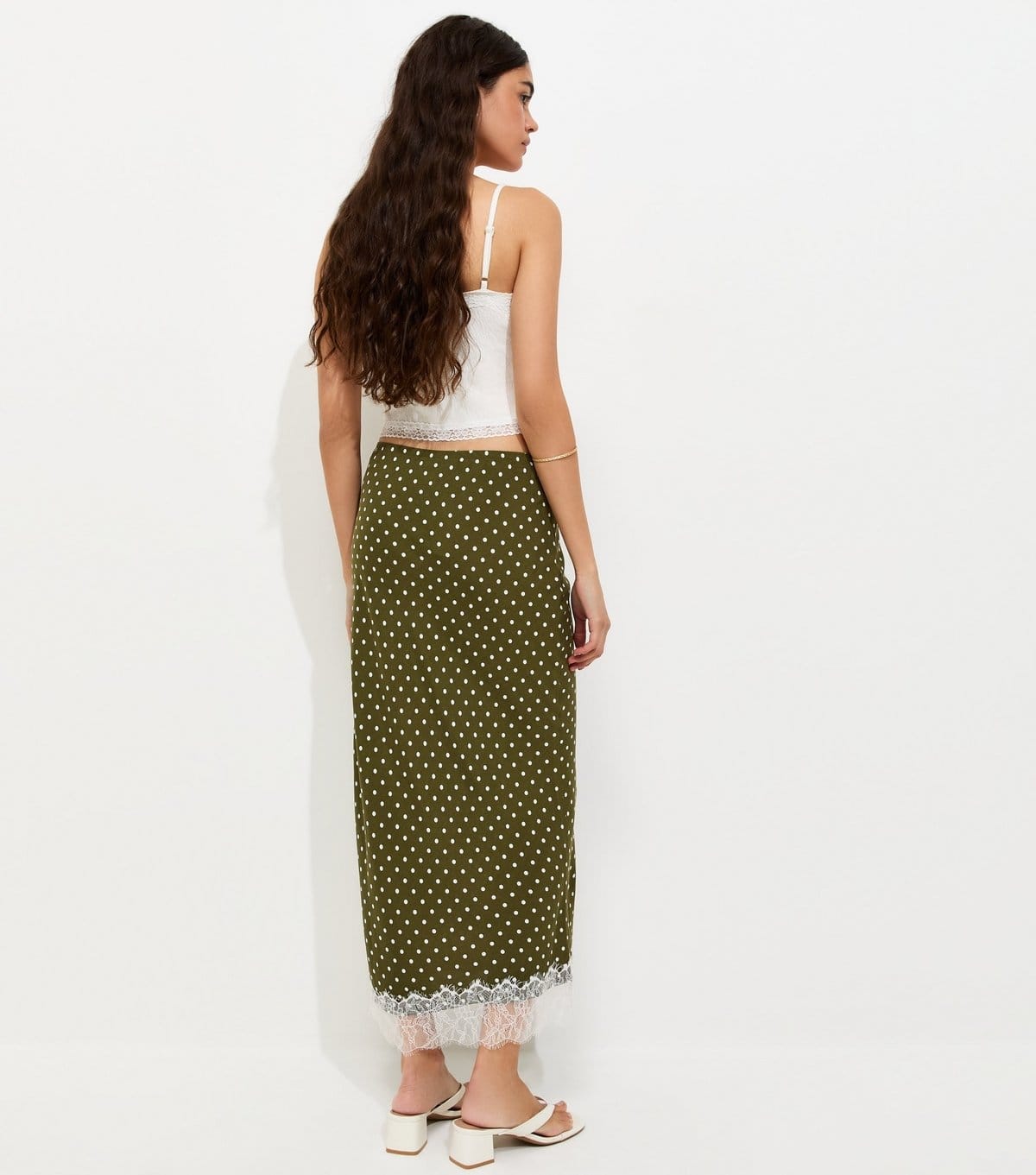 New Look Women's Green Polka Dot Lace Hem Midi Skirt New Look - 4