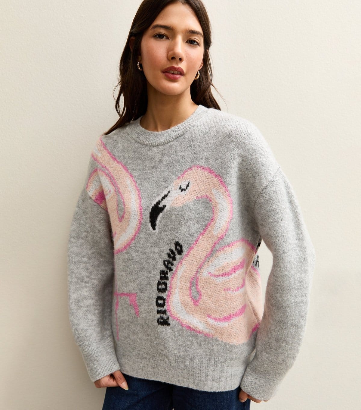 New Look Light Grey Flamingo Slogan Midweight Knit Jumper