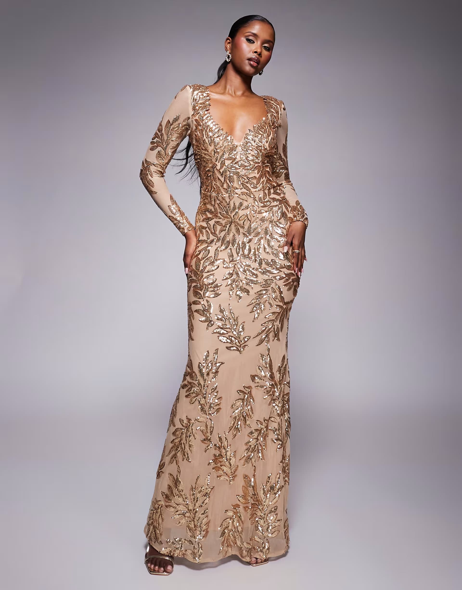 ASOS Goddiva Long sleeve sequin leaf long sleeve maxi dress in gold