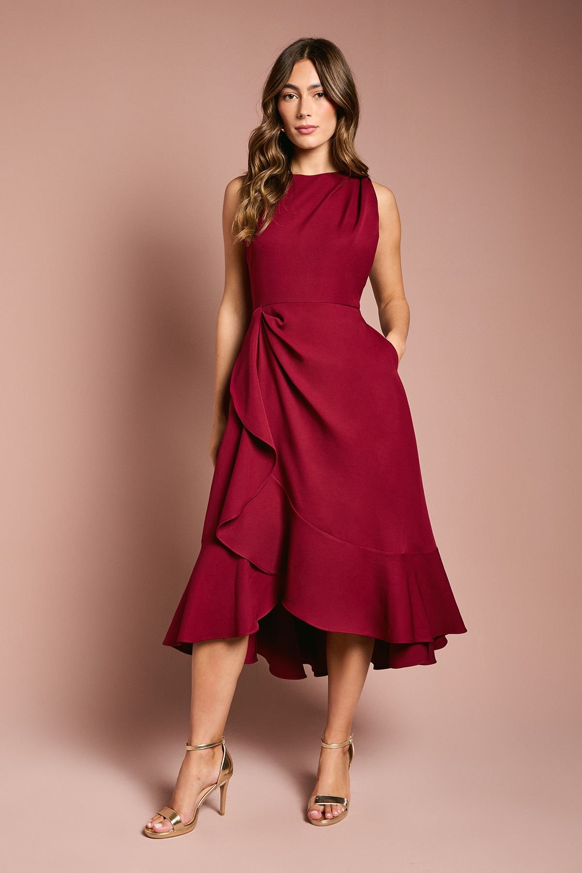 Coast Coast Women's Waterfall Crepe Midi Dress in Burgundy - 2