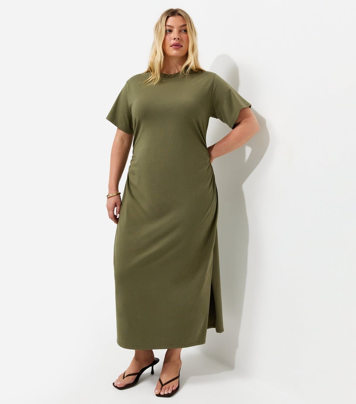 New Look Women's Plus Size Dark Khaki Cotton Rich Ruched T-Shirt Midi Dress Curves New Look