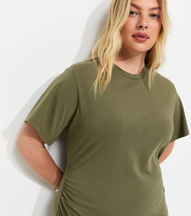 New Look Women's Plus Size Dark Khaki Cotton Rich Ruched T-Shirt Midi Dress Curves New Look - 2