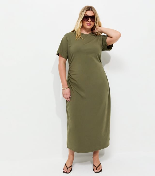 New Look Women's Plus Size Dark Khaki Cotton Rich Ruched T-Shirt Midi Dress Curves New Look - 3
