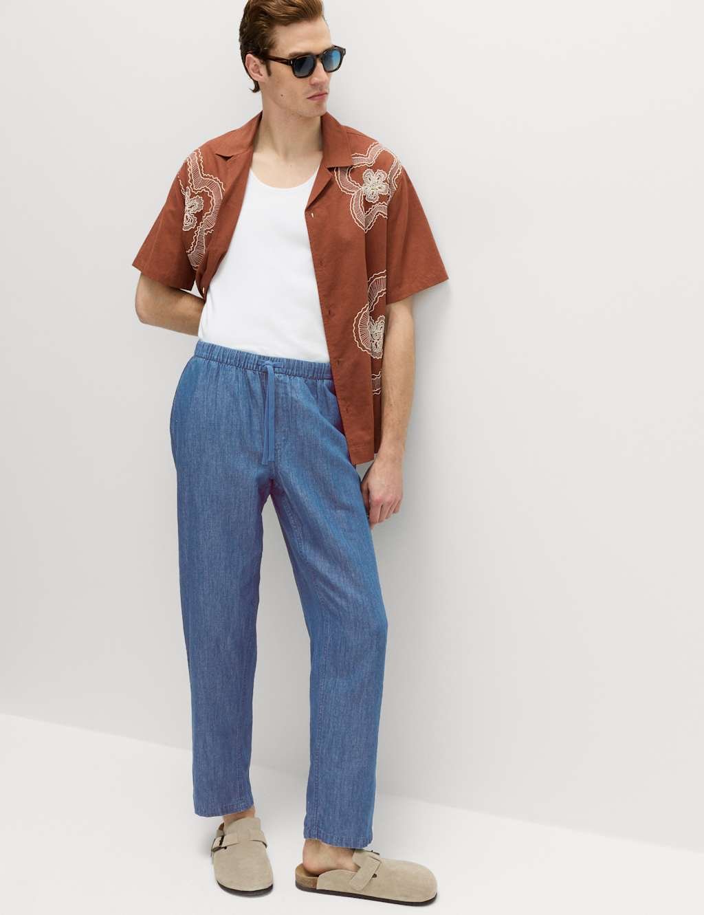 Marks & Spencer M&S Loose Fit Linen Blend Elasticated Waist Trousers Denim - 4