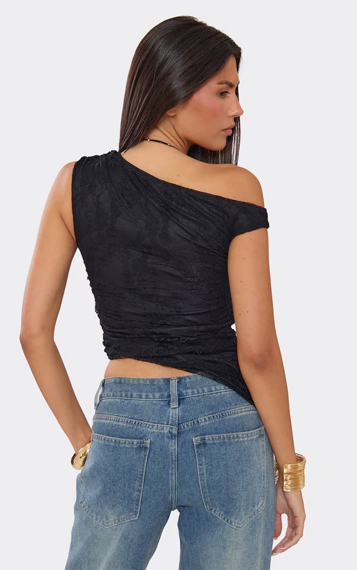 EGO One Shoulder Asymmetric Hem Top In Black Lace., Women's Size UK 6