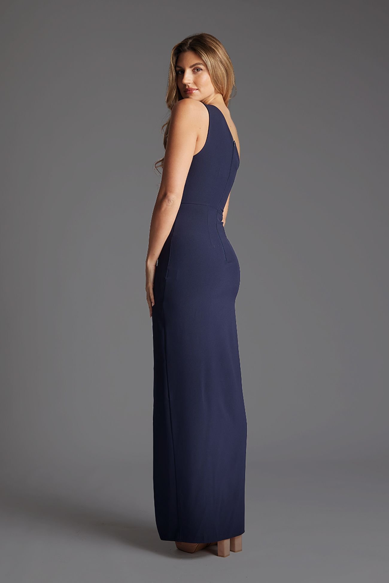 Vesper Vesper Women's One Shoulder Satin Contrast Maxi Dress in Navy - 3