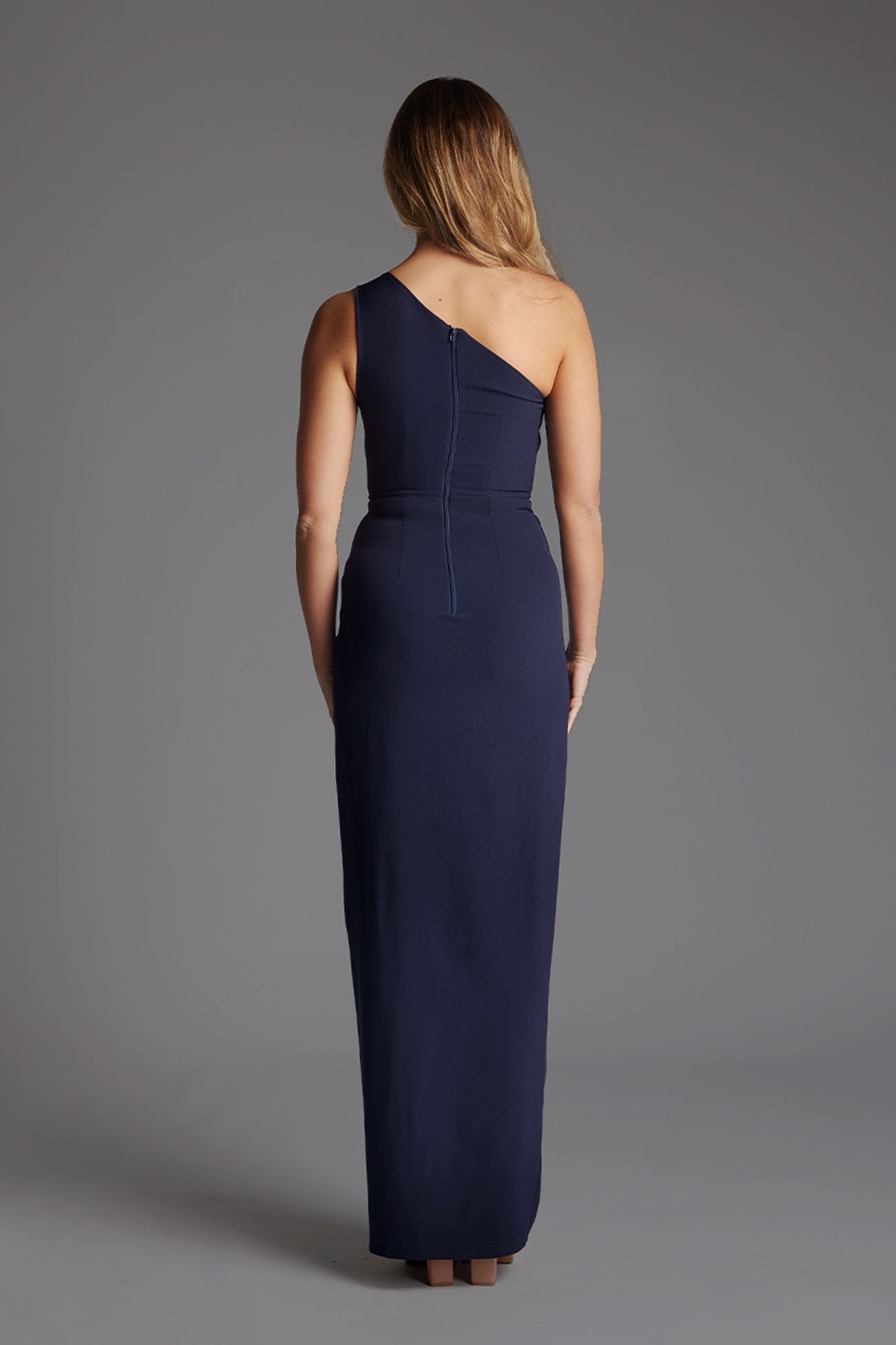 Vesper Vesper Women's One Shoulder Satin Contrast Maxi Dress in Navy - 4