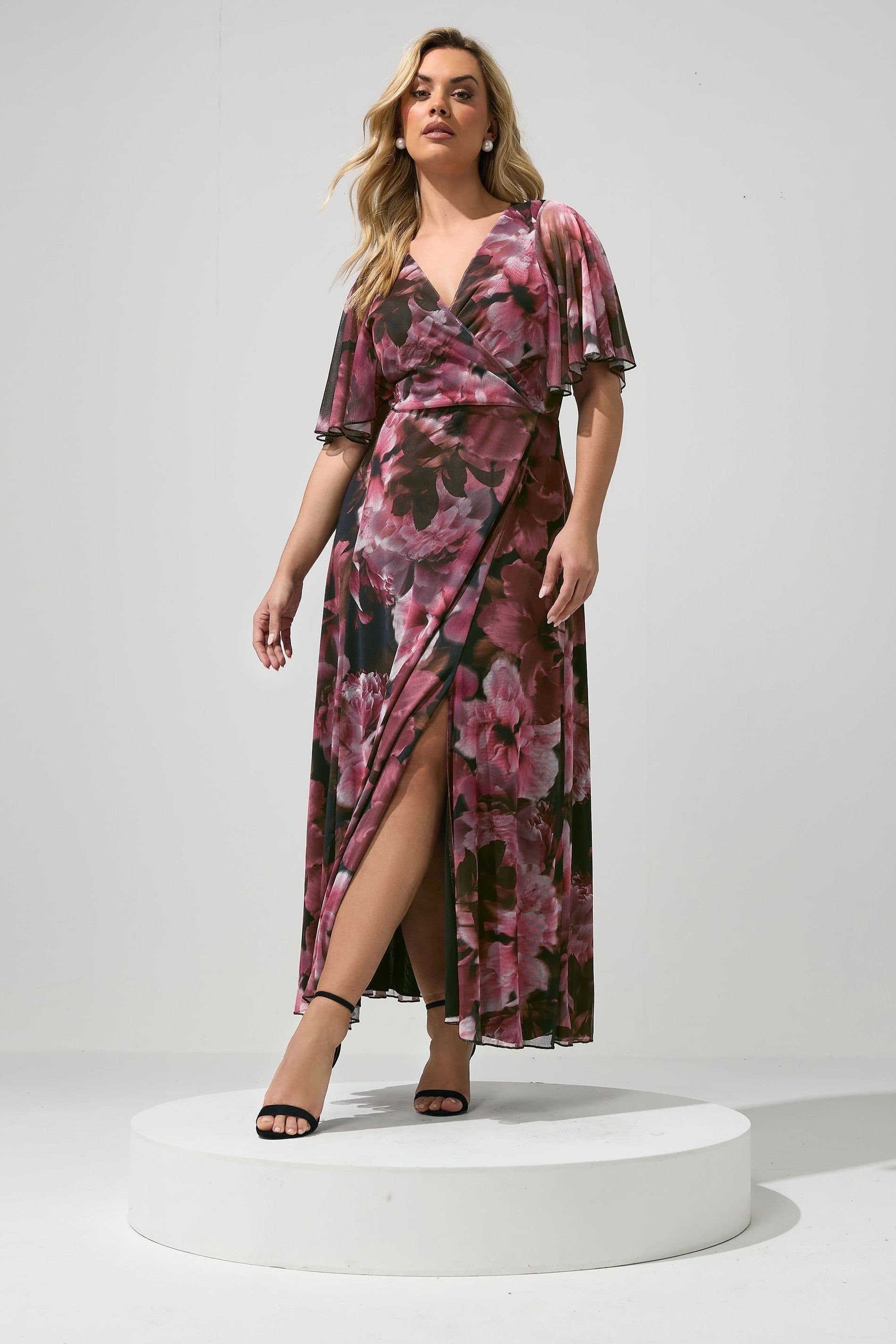Yours Yours Women's Floral Abstract Mesh Dress in Burgundy