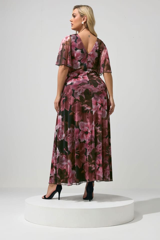 Yours Yours Women's Floral Abstract Mesh Dress in Burgundy - 3