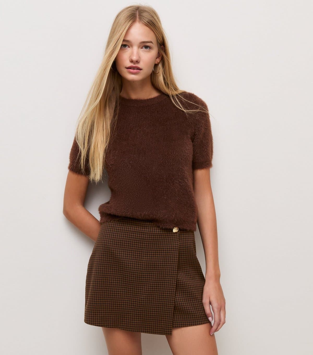 New Look Women's Brown Gingham Wrap Mini Skort New Look