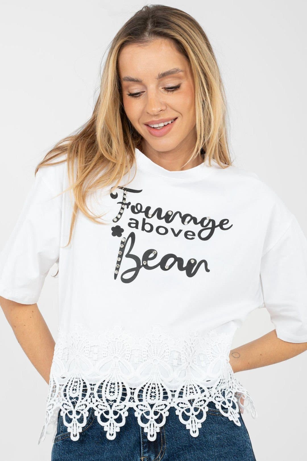 Love Lace Love Lace Women's Cotton Elastane Embellished Lace Blouse in White