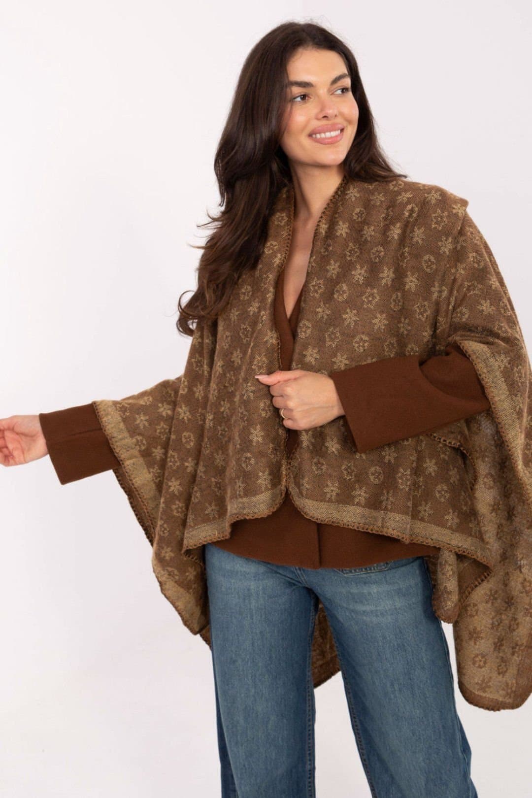 Love Lace Love Lace Women's Printed Loose Fit Poncho Wrap for Everyday in Brown