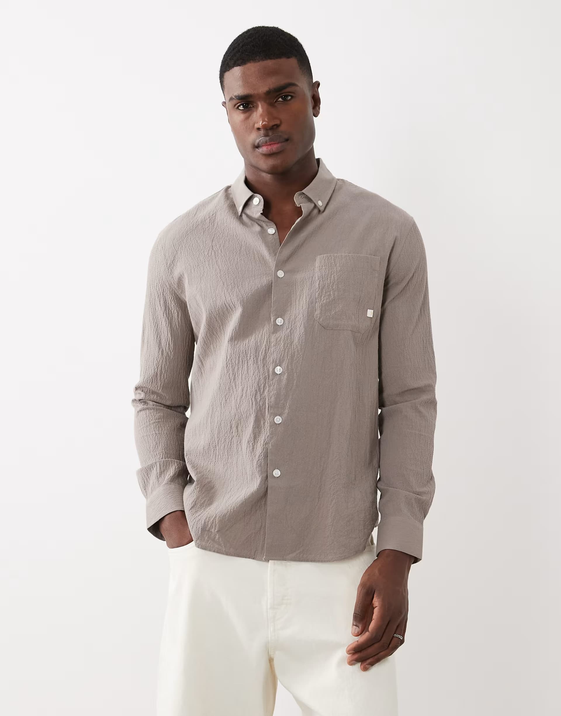 ASOS Farah Stanford long sleeve lightweight logo shirt in dark stone