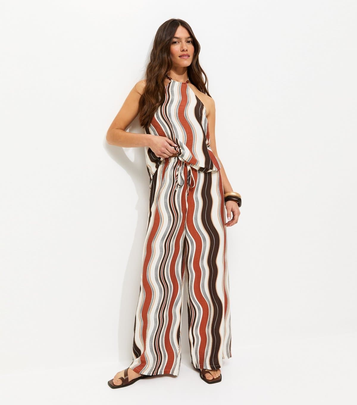 New Look Women's Petite Brown Wave Print Wide Leg Trousers New Look