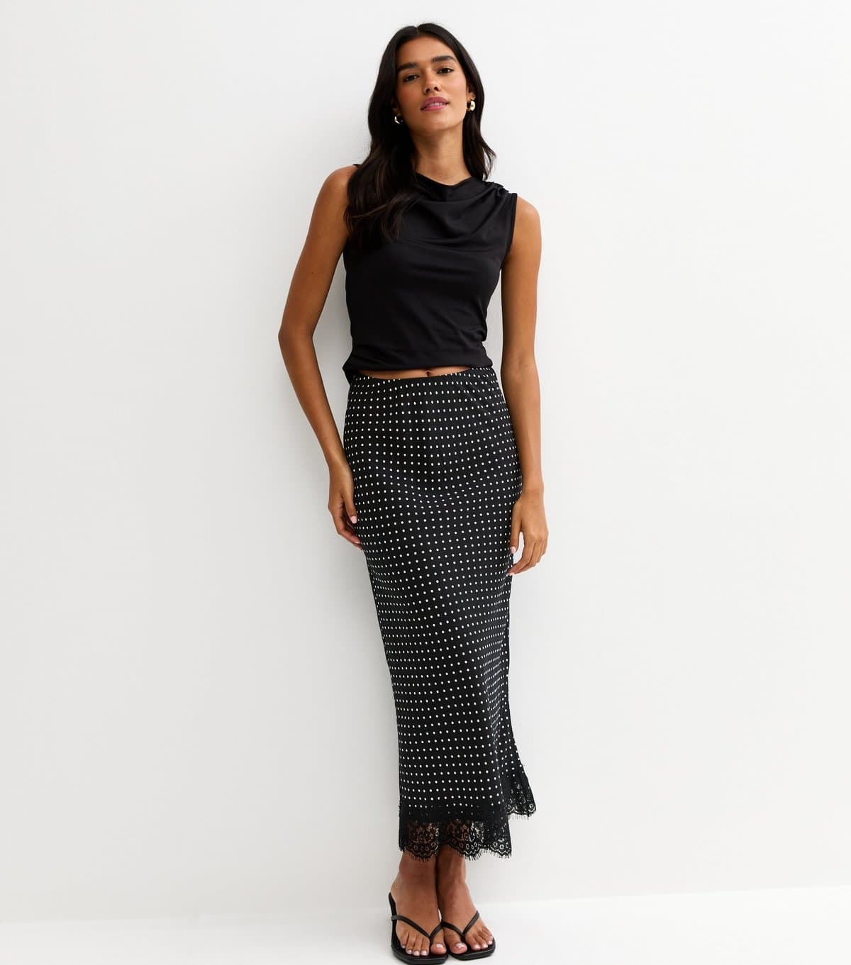 New Look Women's Black Lace Trim Spot Print Bias Cut Midi Skirt New Look