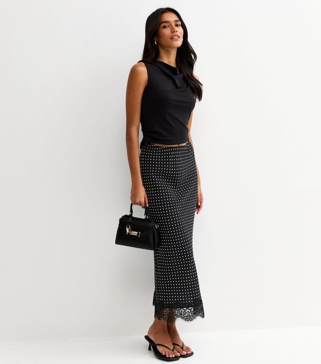 New Look Women's Black Lace Trim Spot Print Bias Cut Midi Skirt New Look - 3