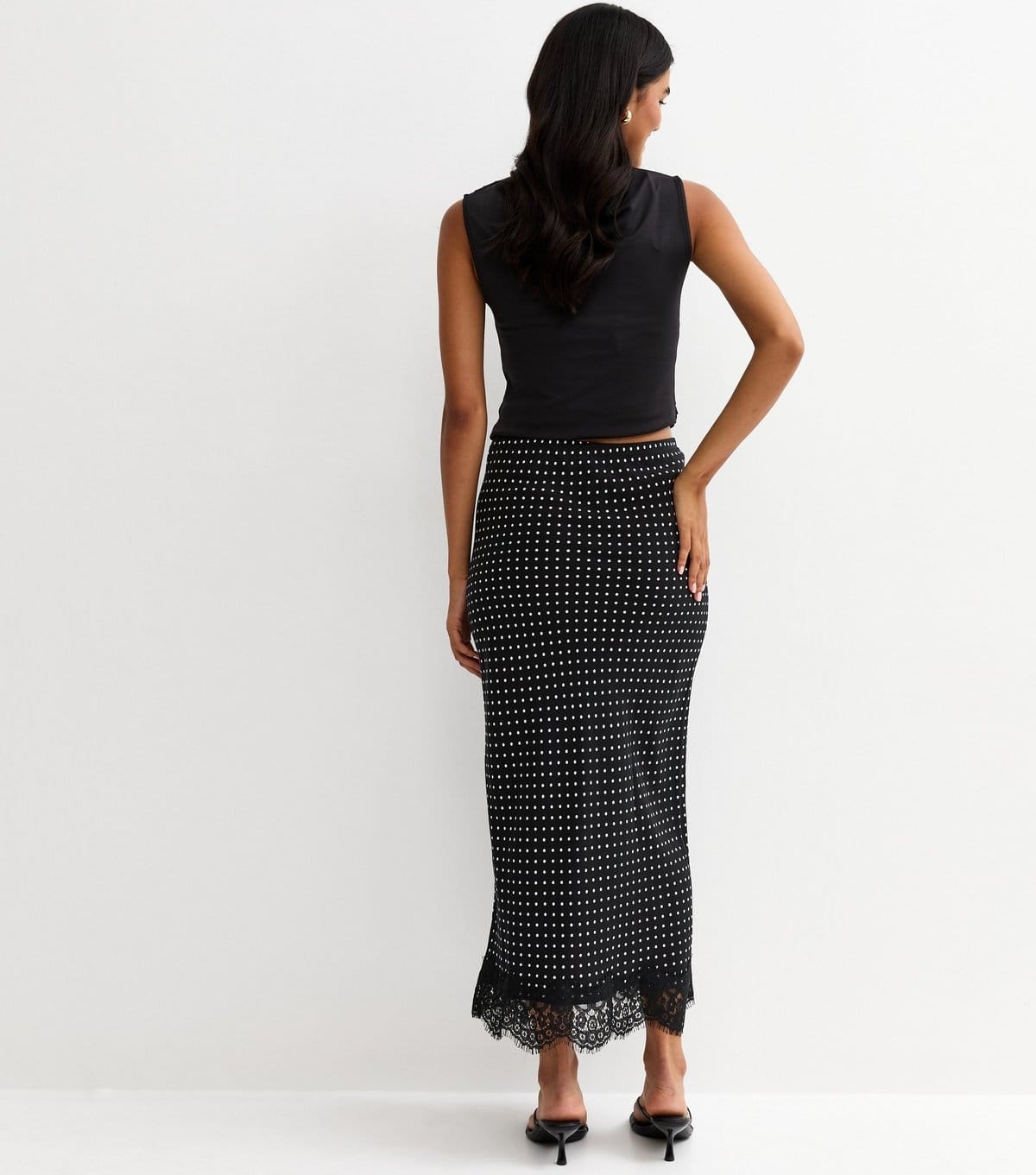 New Look Women's Black Lace Trim Spot Print Bias Cut Midi Skirt New Look - 4