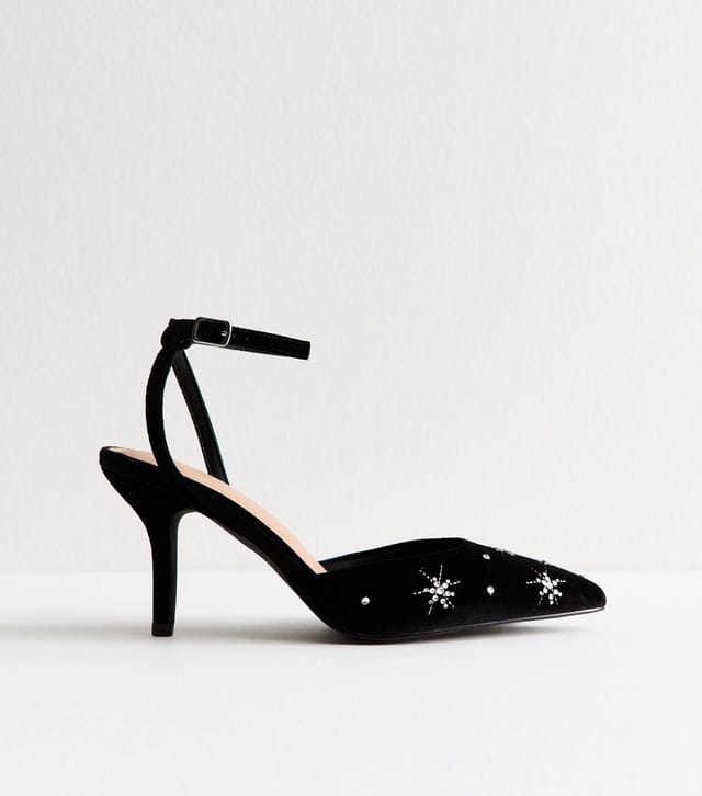 New Look Women's Wide Fit Black Velvet Star Embellished Heeled Pointed Toe Pumps New Look - 2