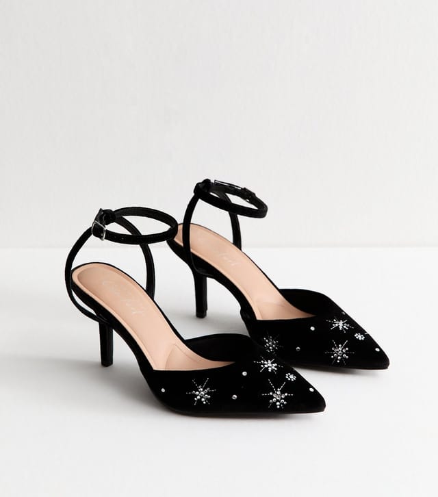 New Look Women's Wide Fit Black Velvet Star Embellished Heeled Pointed Toe Pumps New Look - 3