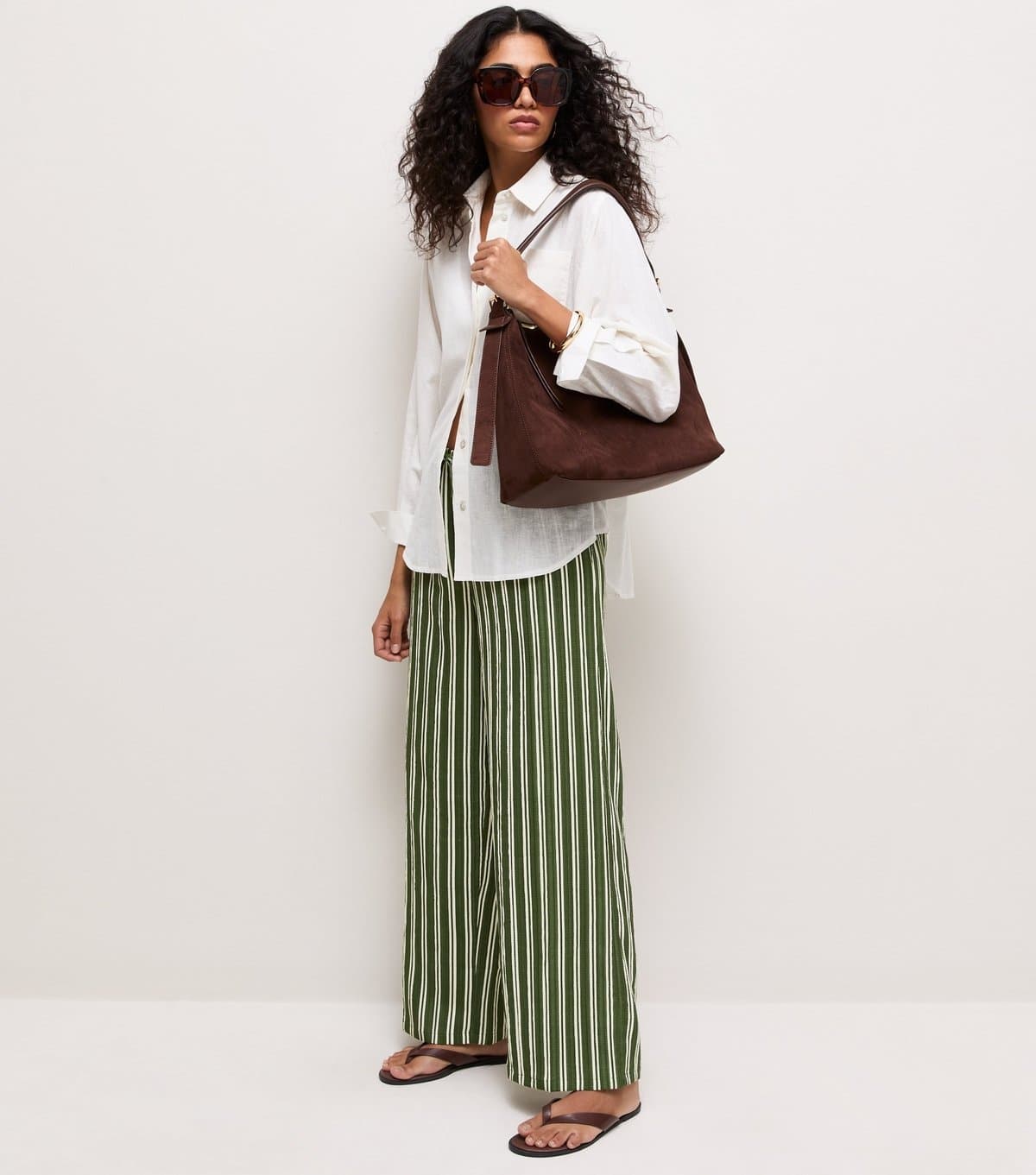 New Look Women's Green Striped Drawstring Wide Leg Trousers New Look