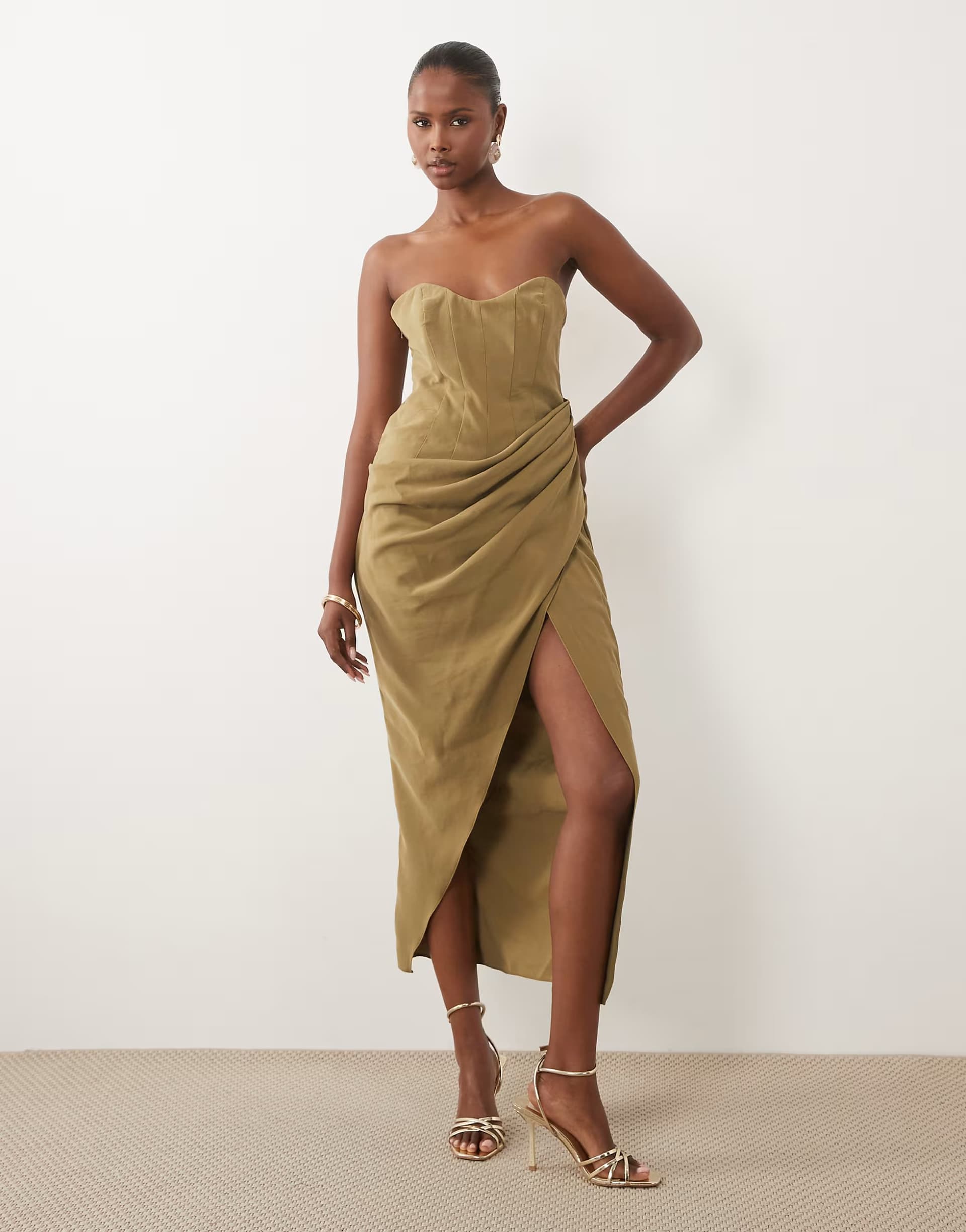 ASOS ASOS DESIGN bandeau draped midaxi dress with slit in olive green