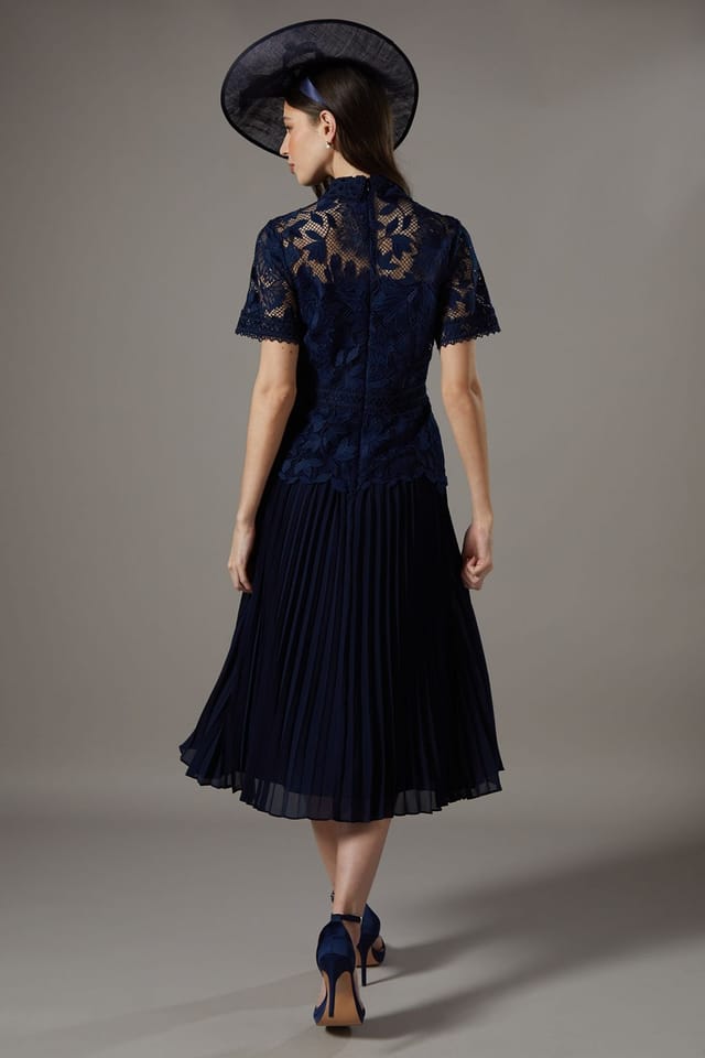 Coast Coast Women's Lace Top Pleated Dress in Navy - 3