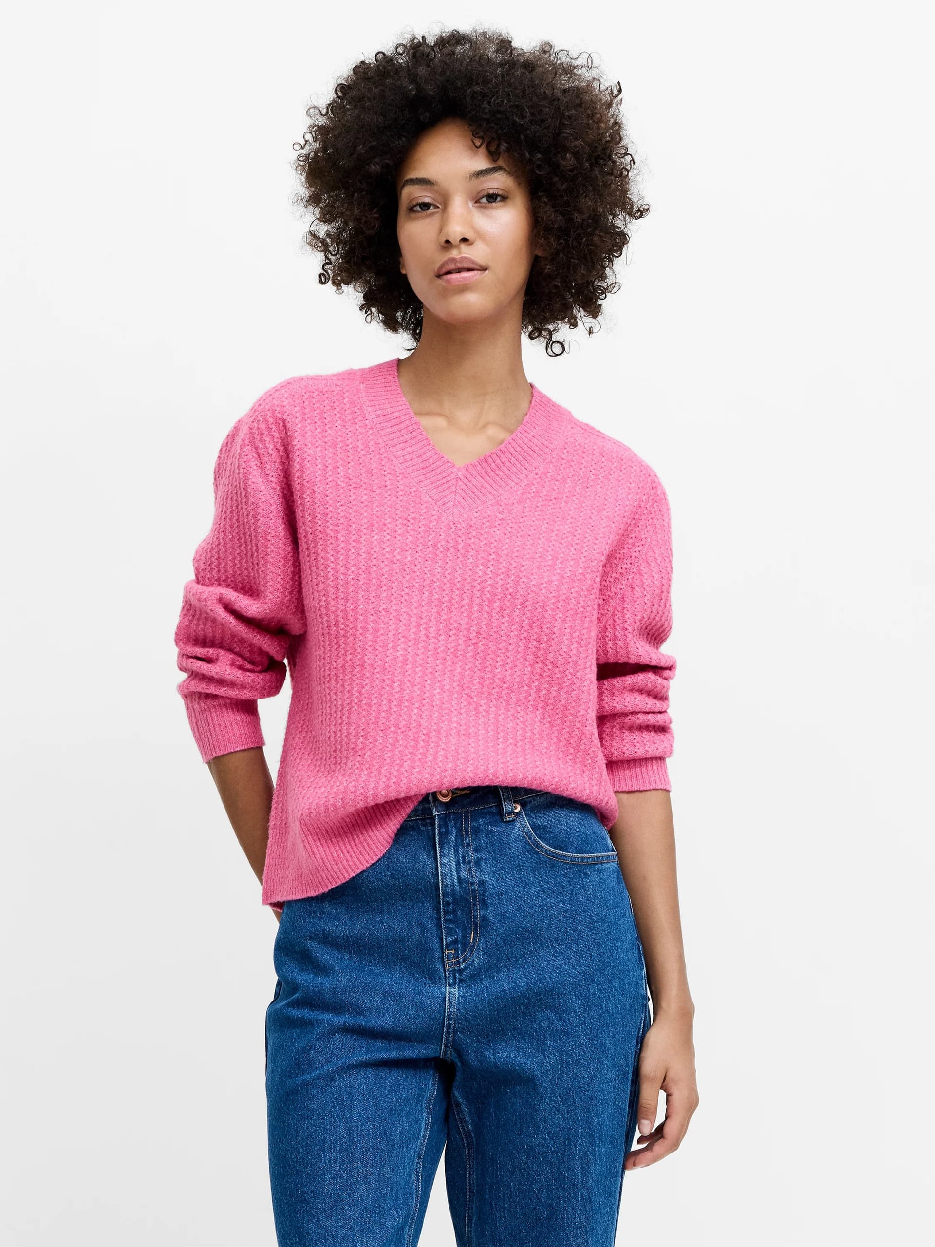French Connection Kezia Pink Textured Knit V-Neck Jumper Punch Pink
