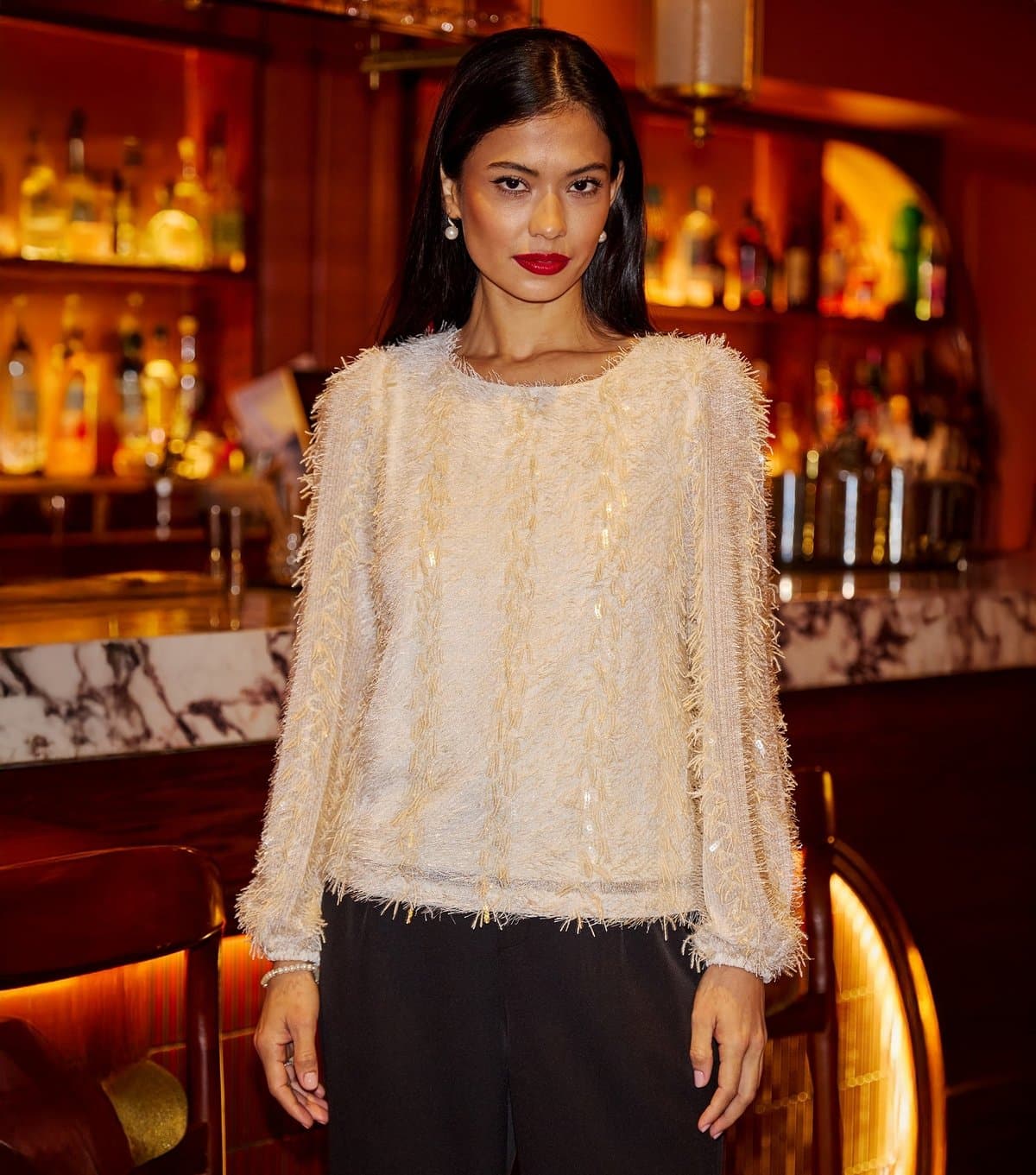 Yumi Women's Off White Hanging Sequin Long Sleeve Top Yumi New Look