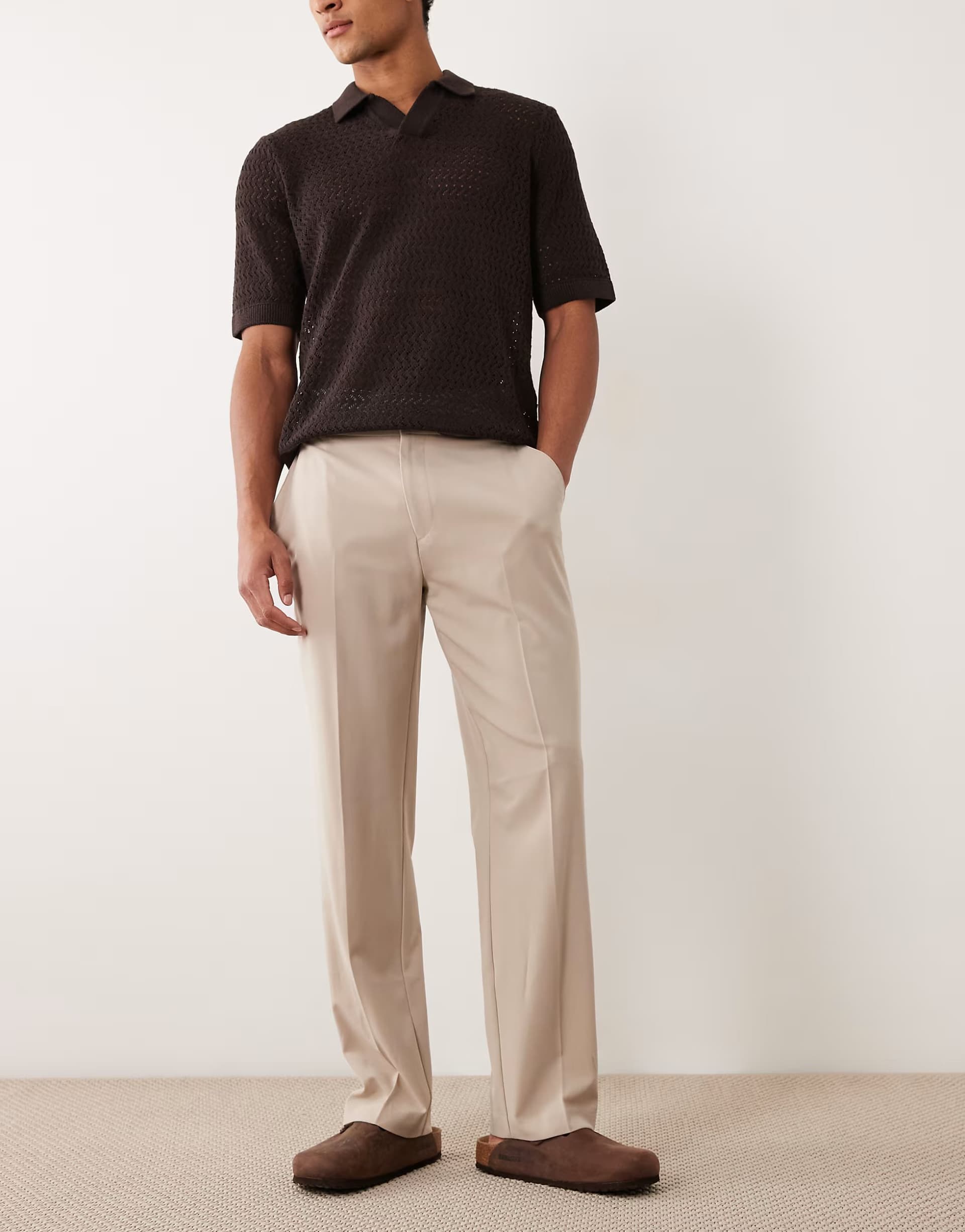 ASOS ASOS DESIGN flexMAX™ smart straight trousers in stone with elasticated waist