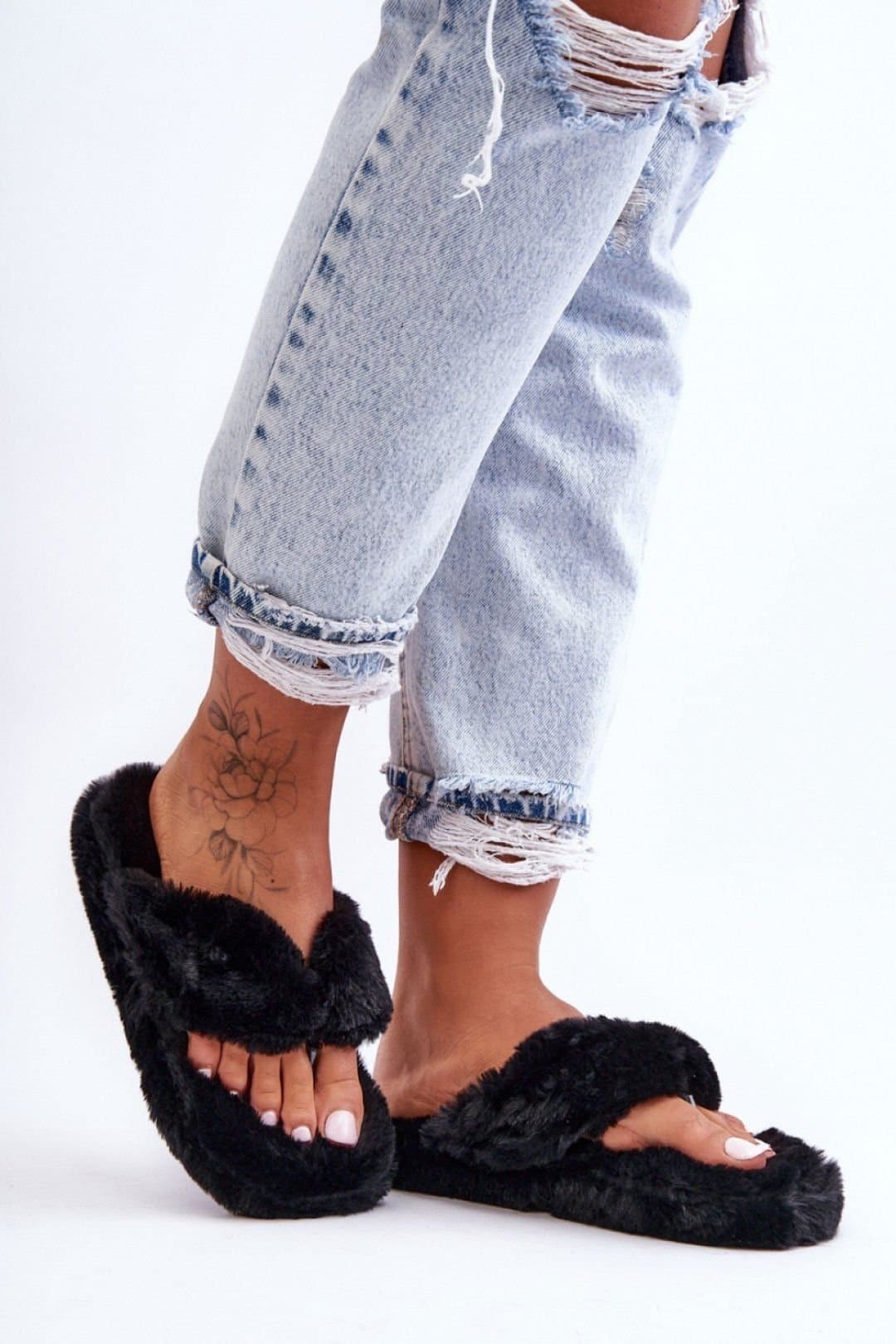 Love Lace Love Lace Black Faux Fur Platform Flip Flops