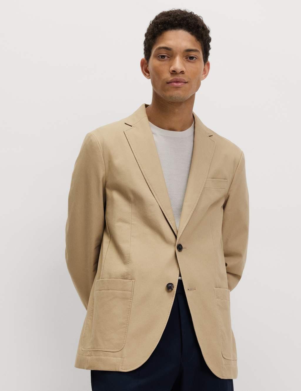 Marks & Spencer M&S Cotton Rich Laundered Canvas Blazer Toffee