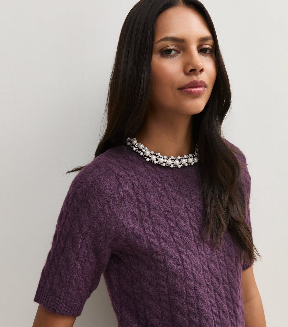 New Look Women's Dark Purple Cable Knit Embellished Necklace Short Sleeve Top New Look