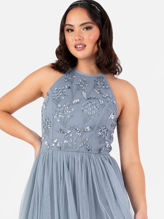 Maya Deluxe Maya Deluxe Women's Floral Embellished Halter Neck Maxi Dress in Blue - 2