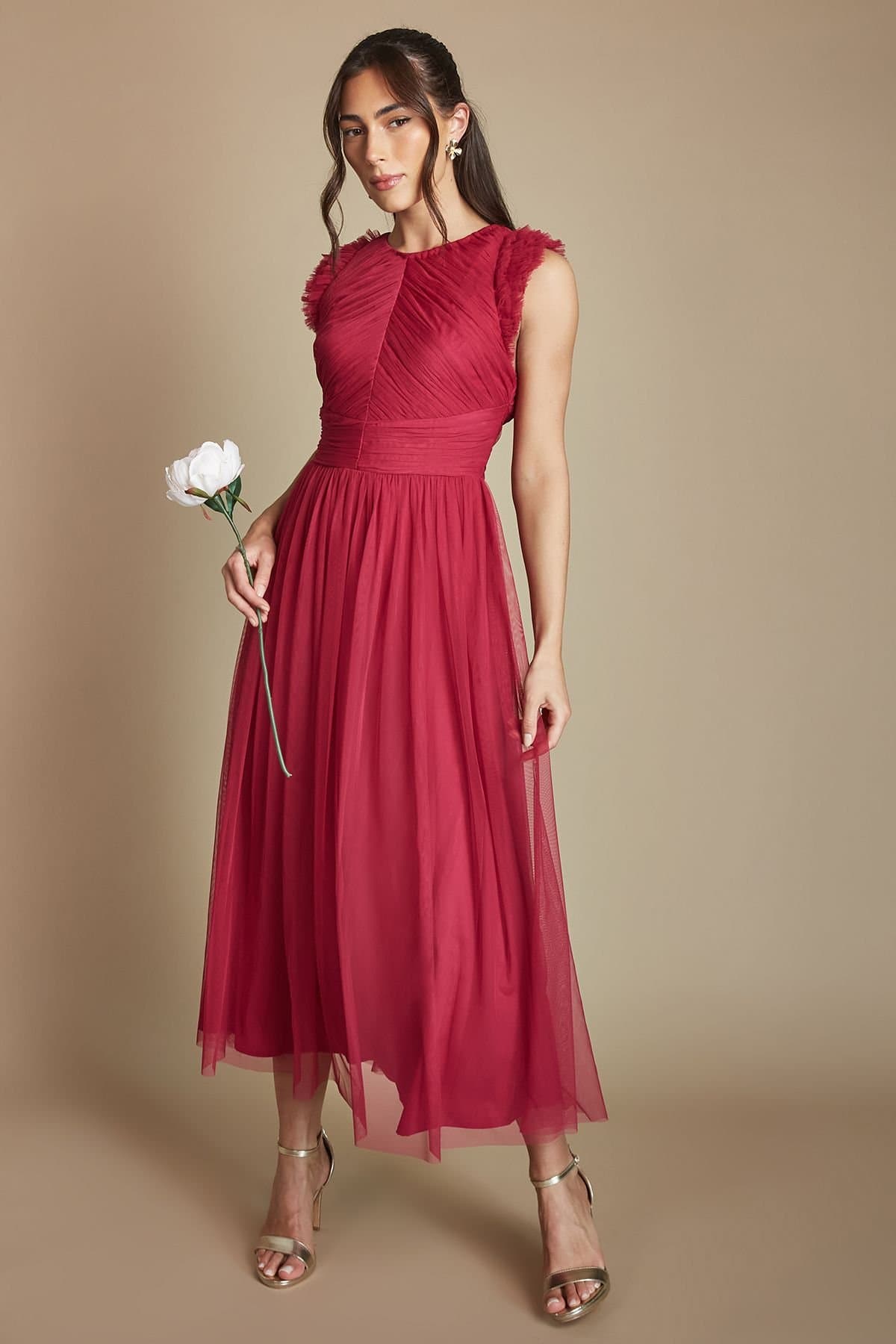 Oasis Oasis Women's Pleat Bodice Ruffle Mesh Bridesmaid Midi Dress in Berry