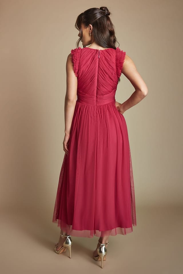 Oasis Oasis Women's Pleat Bodice Ruffle Mesh Bridesmaid Midi Dress in Berry - 3