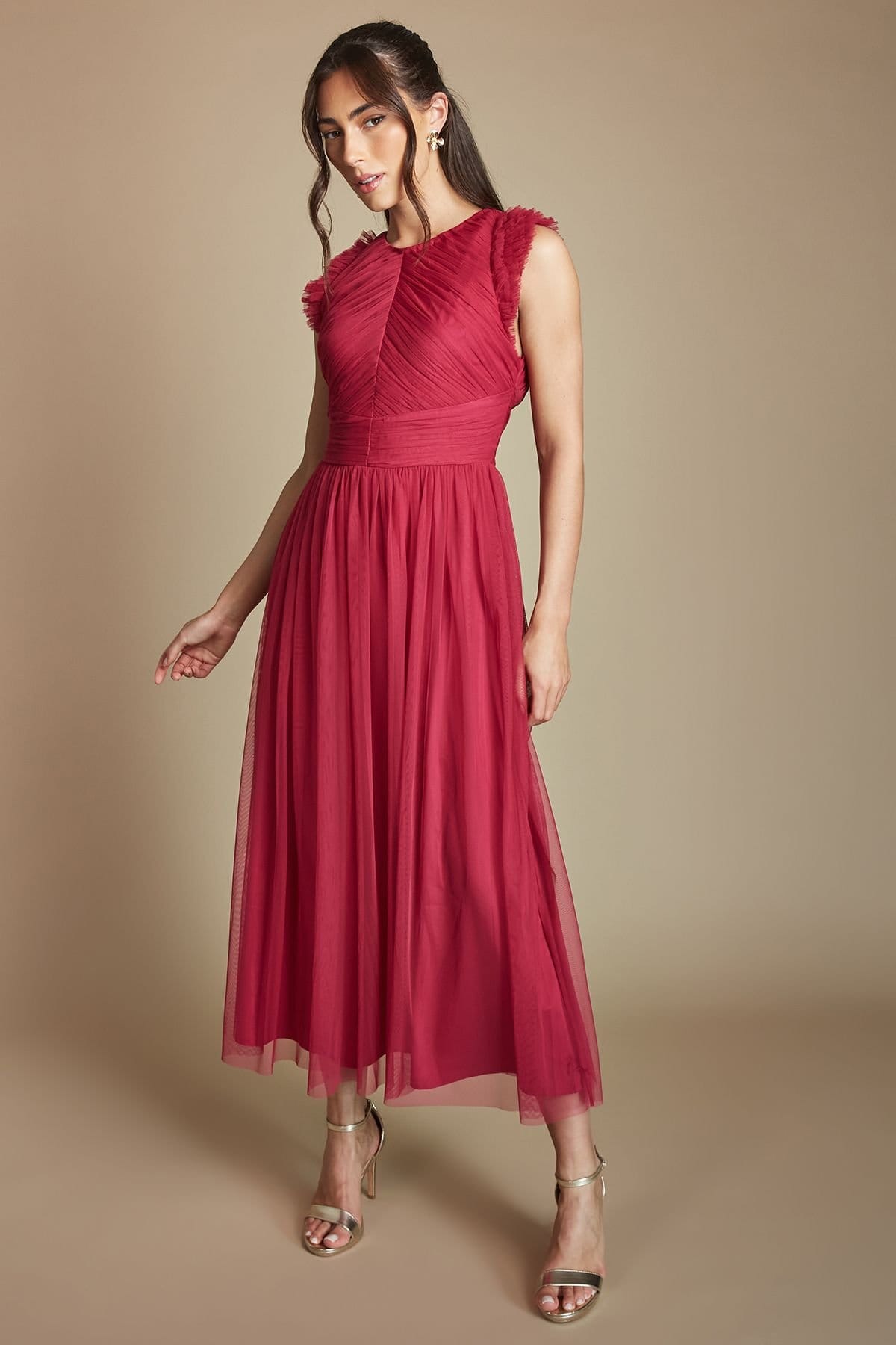 Oasis Oasis Women's Pleat Bodice Ruffle Mesh Bridesmaid Midi Dress in Berry - 4