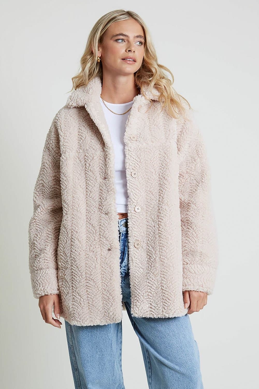 Native Youth Native Youth Women's Relaxed Fit Collared Borg Sherpa Jacket in Cream