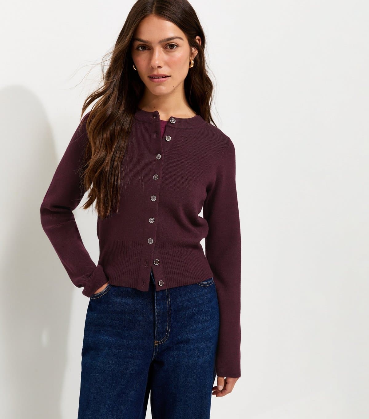 New Look Women's Petite Bright Purple Compact Knit Crew Neck Cardigan New Look
