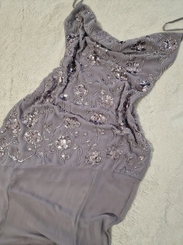 Oh Polly Dusty Lilac Embellished Cowl Neck Gown