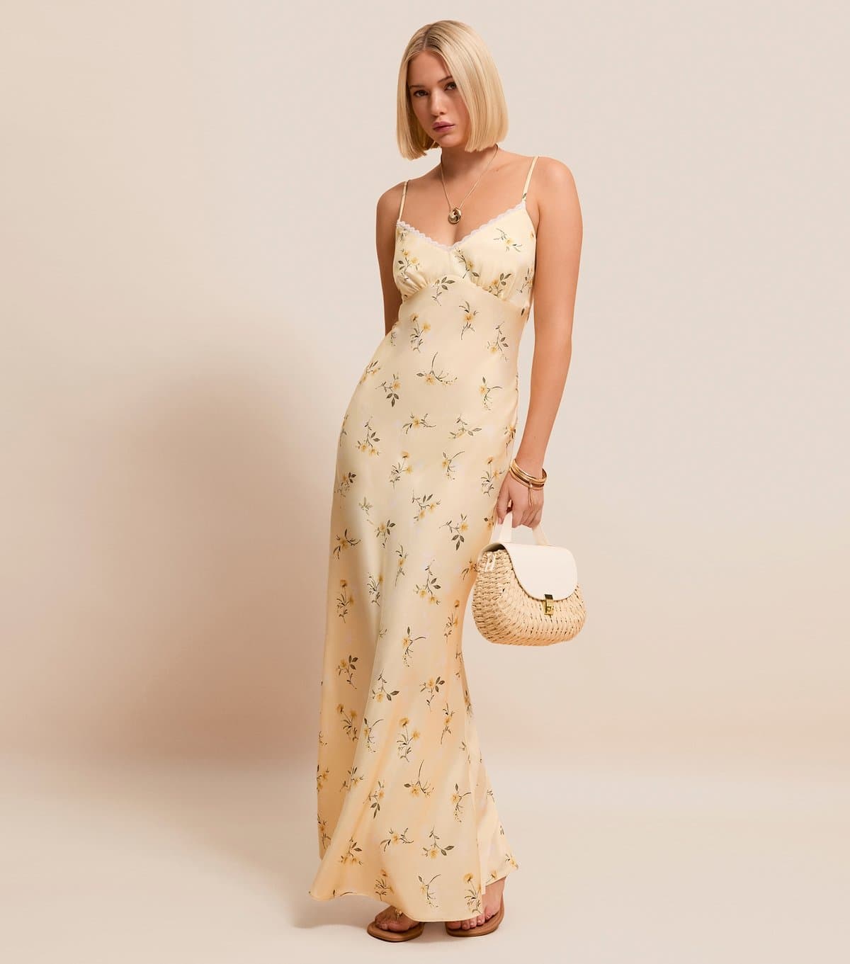 New Look Women's Yellow Daisy Print Lace Trimmed Satin Midi Dress New Look