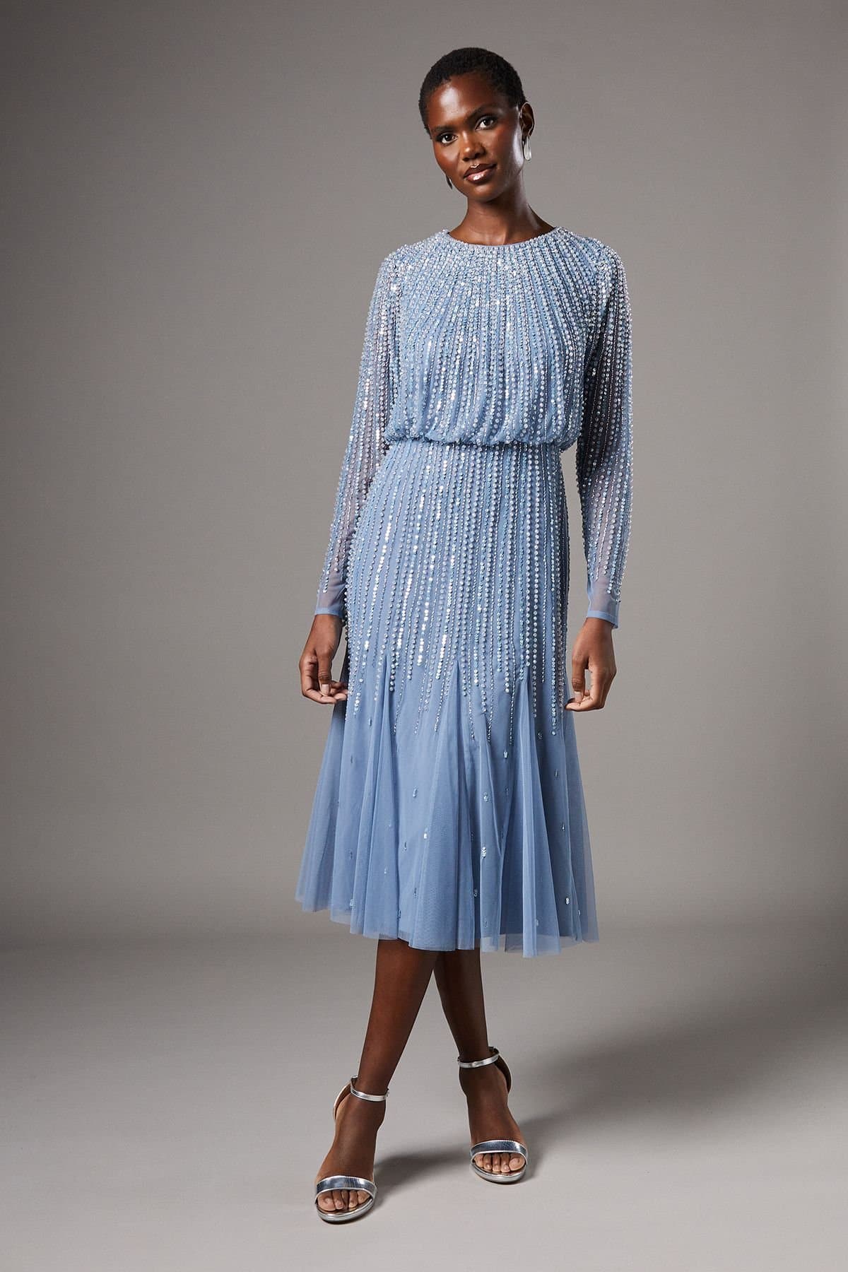 Coast Coast Women's Party Sequin Long Sleeve Midi Dress in Dusty Blue