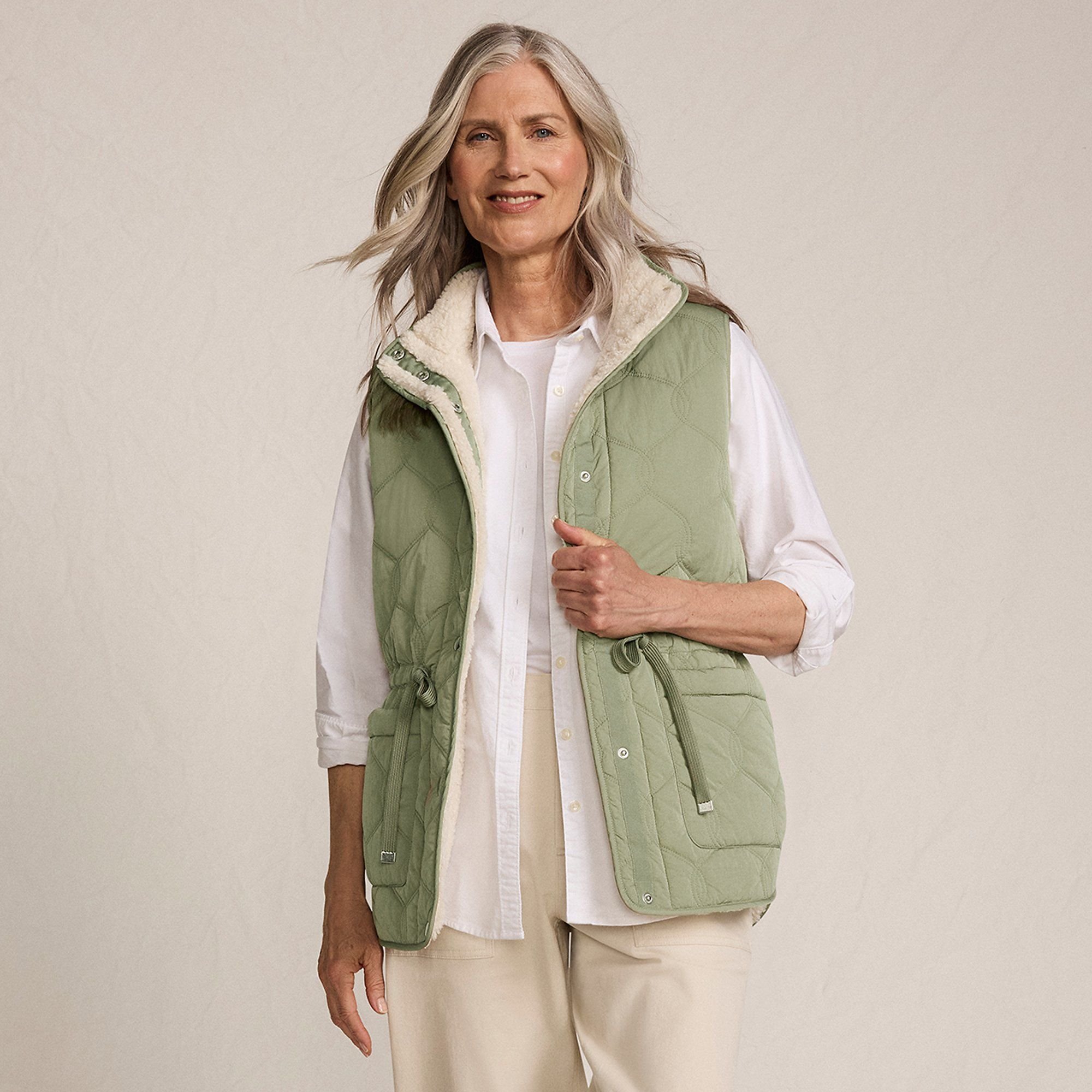 lands end Lands' End Women's Reversible Quilted Sherpa Fleece Gilet in Natural - 4